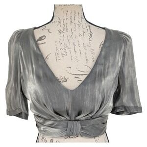 ZARA Cropped Top Med Gray Metallic Short Puff Sleeves Resort Party